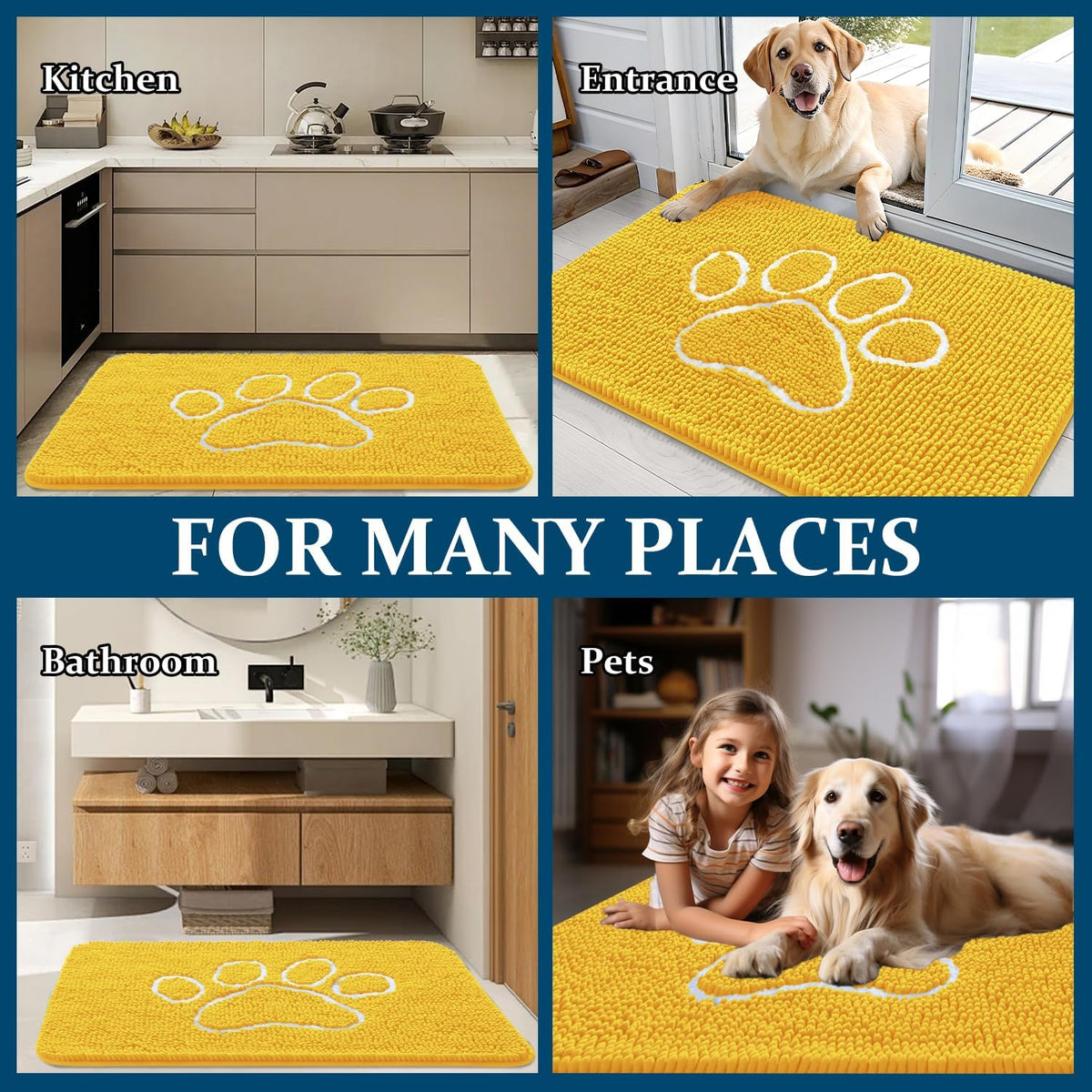 OLANLY Dog Door Mat - Absorbent Non-Slip Muddy Paws Mat | Quick Dry Chenille, 48x30, Yellow