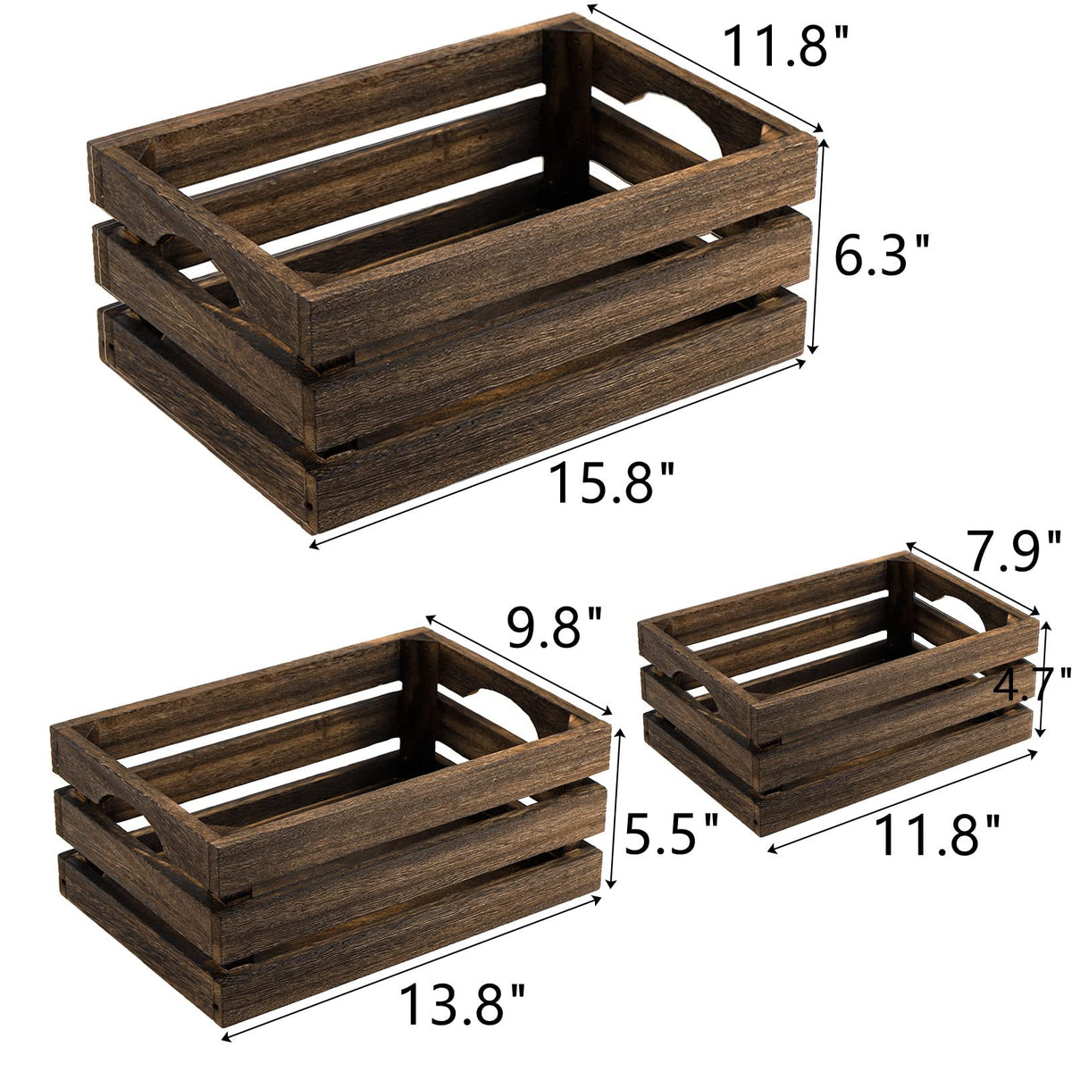 ZOOFOX Set of 3 Nesting Wooden Crates, Rustic Wood Basket with Handles, Decorative Farmhouse Wooden Storage Container Boxes for Party, Office, Bedroom, Kitchen and Closet