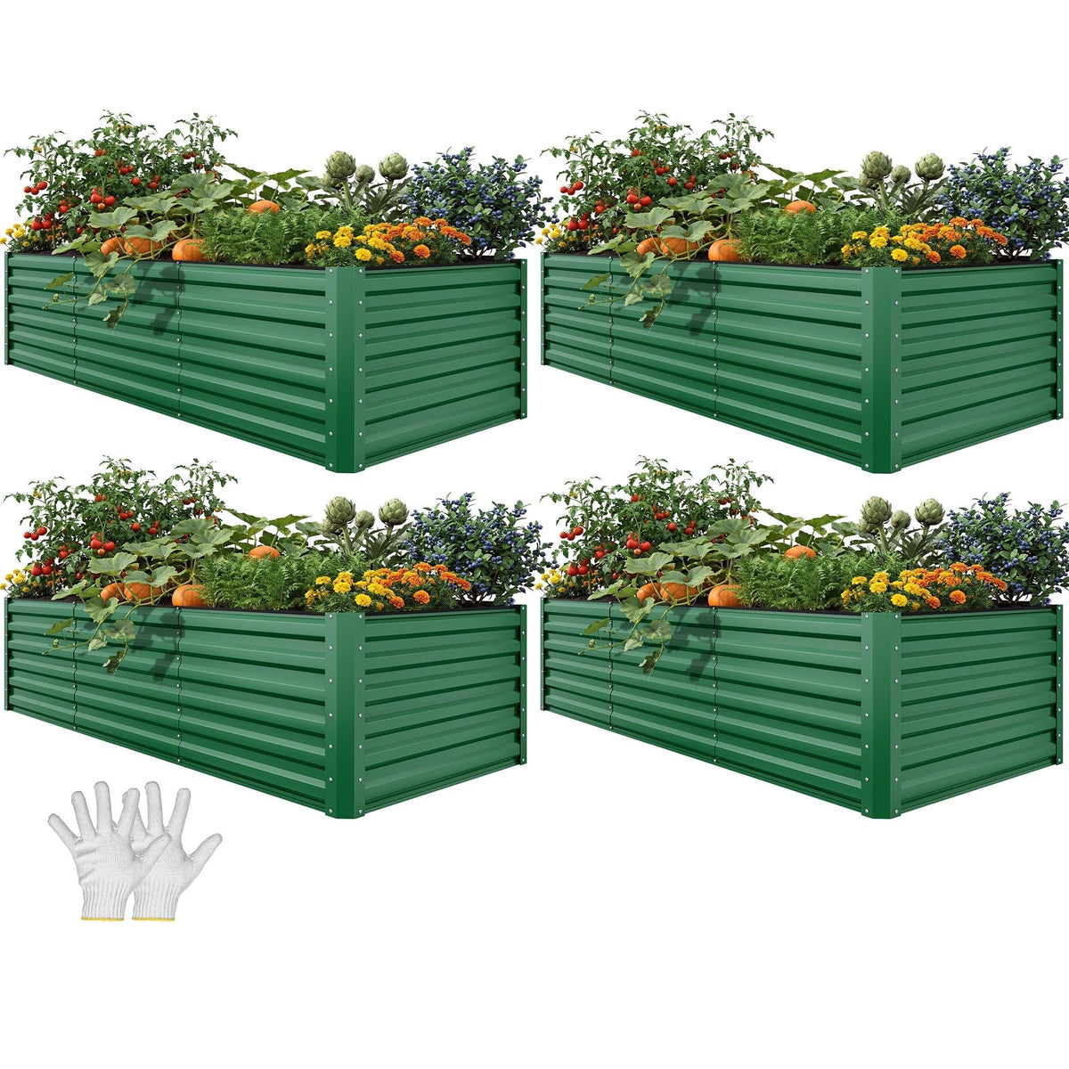 YITAHOME 4pcs 8x4x2 ft Galvanized Raised Garden Bed Kit, Large Metal Planter Box with Gloves, Safety Rubber & Support Rod, Outdoor Flower Bed for Plants Vegetables, Green