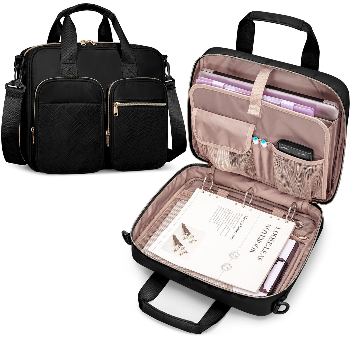 Prokva 3 Ring Zipper Binder, 2 Inch Ring Binder Organizer Bag with Shoulder Strap Fits 13 Inch Laptop and 500 Sheets, Black (Empty Bag Only)
