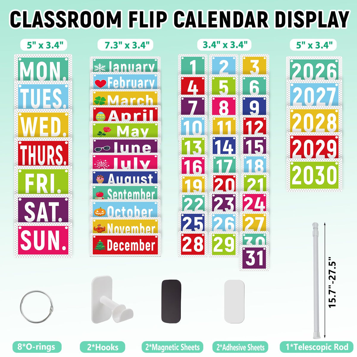 Upgraded 2-in-1 Flip Calendar for Classroom with Magnetic & Adhesive Fixing, Adjustable Magnetic Rod Flip Calendar for Whiteboard, Black and White Classroom Decor Bulletin Board Set (Patterned)