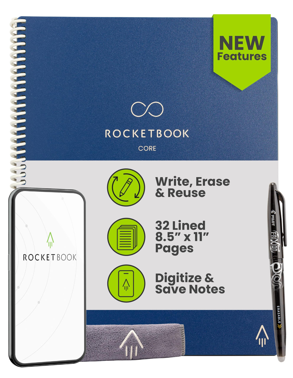 Rocketbook Core Reusable Smart Notebook, Lined Pages For School, Work and Creative Projects, Letter Size 8.5x11, Blue - Premium