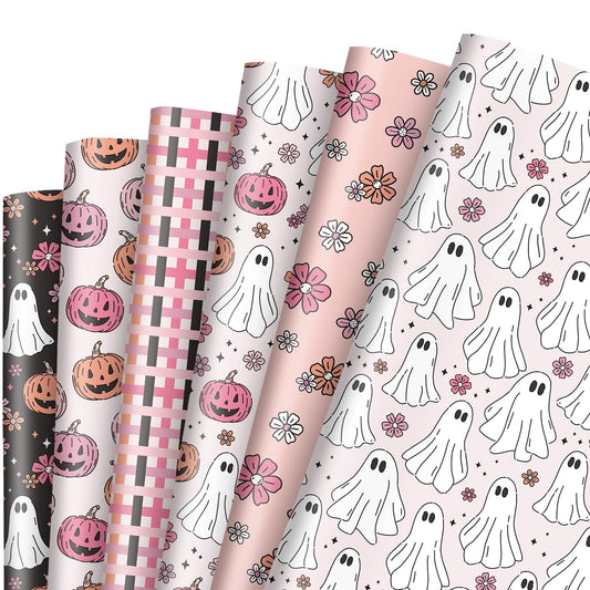 12 Sheets Halloween Wrapping Paper - Not Roll - Pink White Ghost Pumpkin Gift Wrap Paper Folded Flat Cute Art Paper for DIY Crafts, 19.7 x 27.6 Inch
