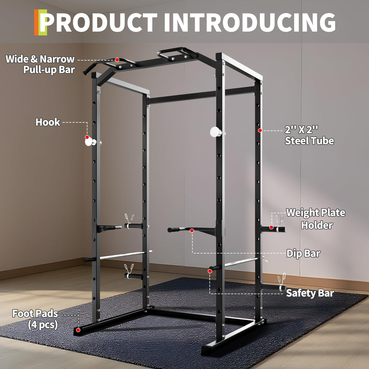 Garvee Power Cage, Squat Rack for Home Gym, 1100LB Capacity Power Rack with Pull-Up Bar, Adjustable Safety Bars, Strength Training for Home Gym, Black