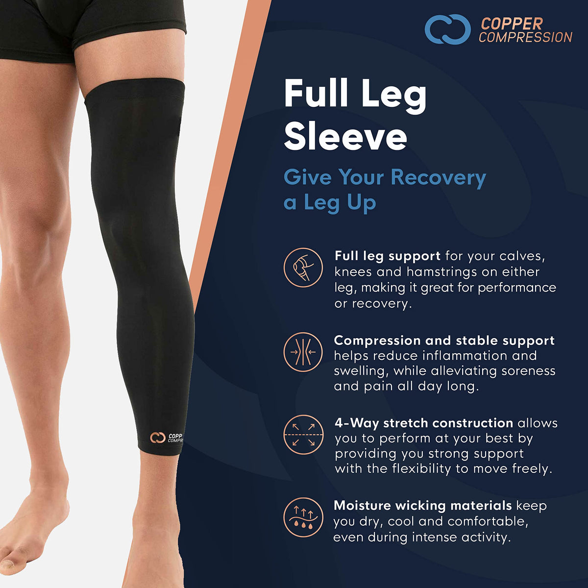 Copper Compression Leg Compression Sleeve - Copper Infused Knee Stabilizer Brace for Running, Meniscus Tear, ACL, MCL, Arthritis, Joint Pain Relief - Thigh & Calf Support for Men & Women - Black - M