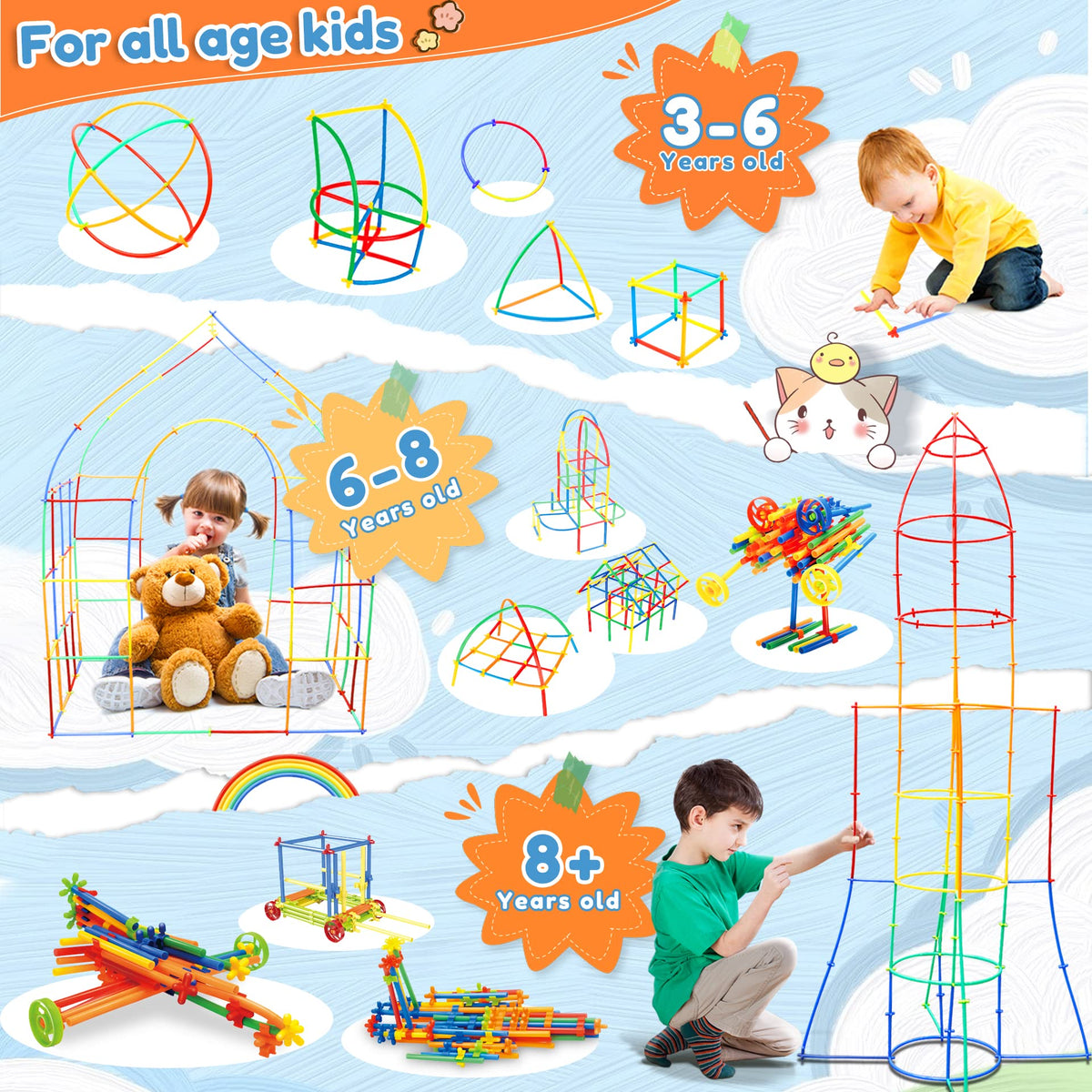 Ggiibro Straw Constructor Toys 800Pcs STEM Building Toy for 3+ Year Interlocking Plastic Engineering Toys Thin Tube Blocks Educational Toy Kit for Indoor Kids Toy with a Storage Box