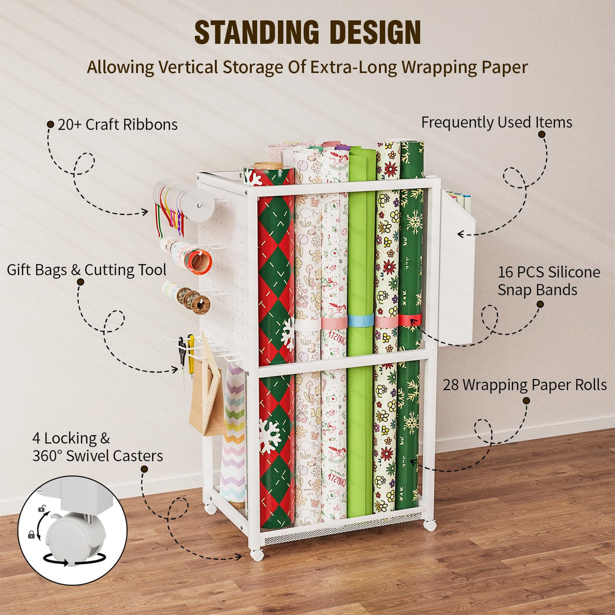 Wrapping Paper Organizer with Wheels, Metal Gift Wrap Storage Cart, Vertical Craft Organizer with 16 Slap Bands for Wrapping Paper Rolls, Wrapping Supplies Storage
