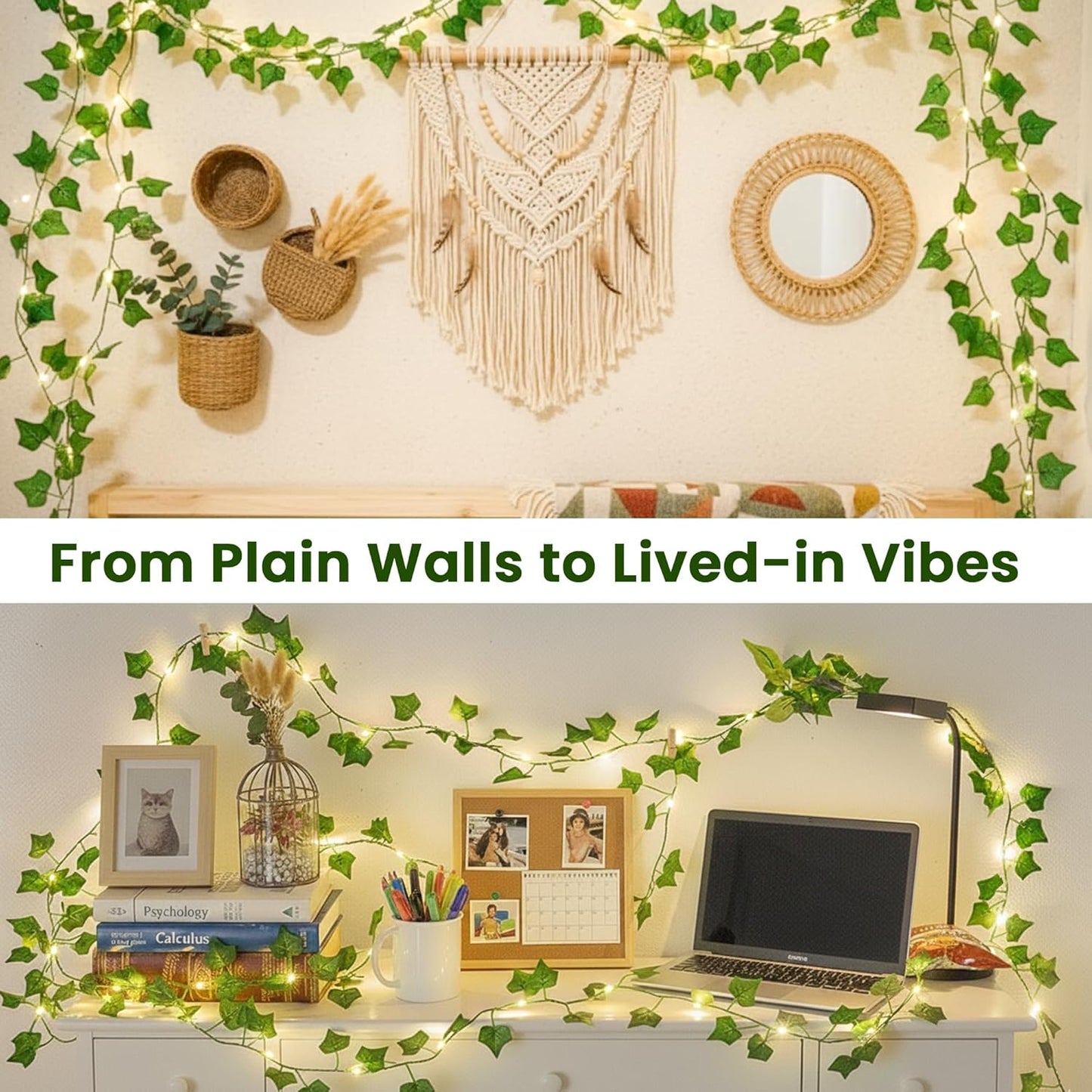 Skiennix Vine Leaf Fairy Lights - 23FT 73 LED Lighted Ivy Garland | Battery & USB Powered Warm White Decor