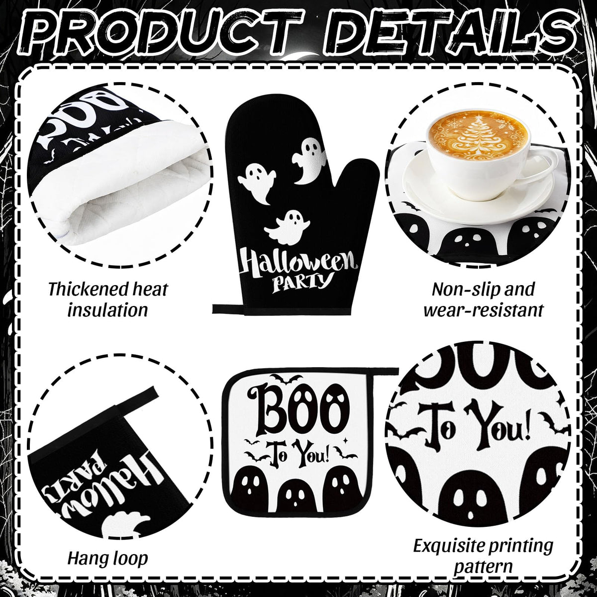 Fanfanwin 10 Pcs Halloween Ghost Kitchen Decor Set Ghost Kitchen Rugs Towels Pot Holders Oven Mitts Set for Baking Cooking BBQ Halloween Decorations