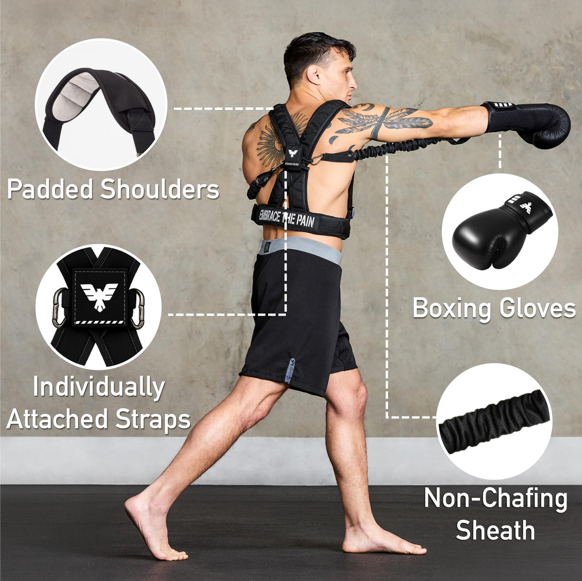 Elite Sports Adult Boxing Harness with 12oz Gloves – Adjustable Resistance Bands (3 Levels), Stability Strap, Padded Back & Shoulder, Ballistic Nylon, Quick-Release Buckle – Training & Workout Gear