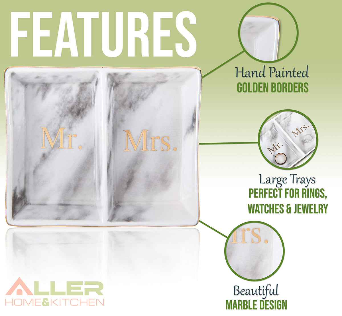Aller Home & Kitchen Mr. & Mrs. Ring Dish - Marble Design Trinket Dish, Couples Ring Holder Dish - His and Hers Two Section Jewelry Dish Tray, Great for Wedding and Engagement Gifts