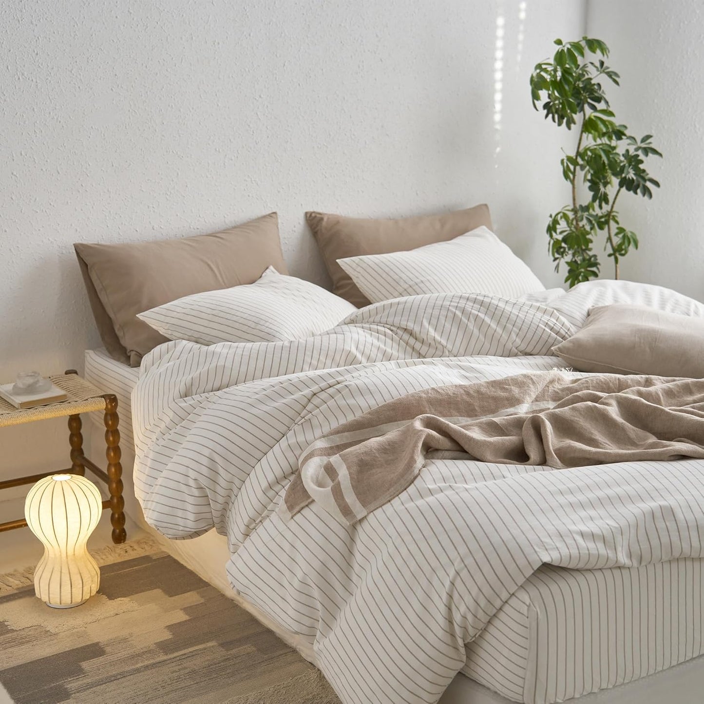 MooMee Striped Duvet Cover Set - 100% Washed Cotton, Soft & Breathable | Queen Size (White & Grey Stripes)