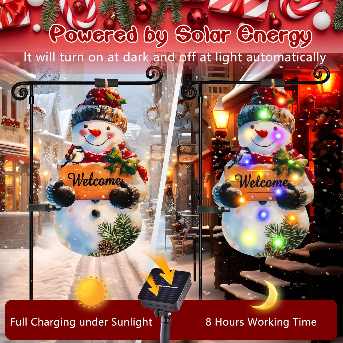Lighted Christmas Garden Flag 22×13, 8 Modes Double Sided Solar Christmas Decorations Outdoor LED Navidad Flag, Yard Decorations for Xmas Patio Lawn Porch