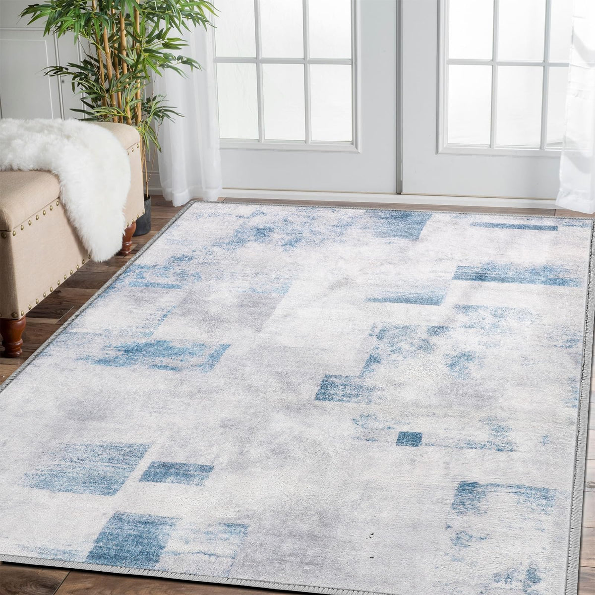 COMSLE Door Mat, Front Door Mat Indoor for Entrance Faux Wool Absorbent Non Slip Modern Throw Rug for Entryway Bedroom Muddy Paws - Pet Friendly, 47x71 Inches,Square Blue Machine Washable