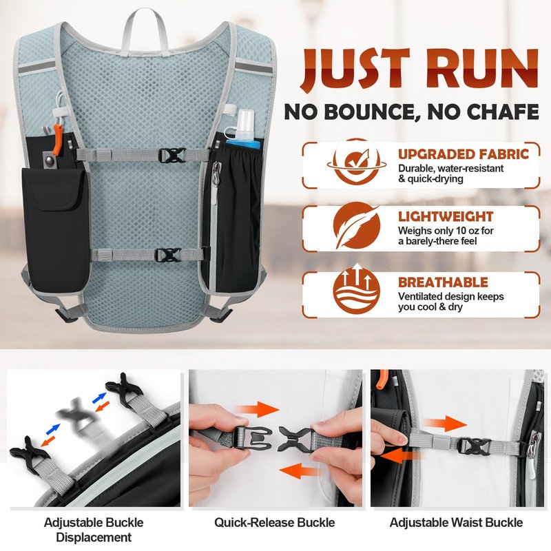 RAINSMORE Running Hydration Vest with 500ml Soft Flask, Waterproof Phone Pocket, Lightweight Hydration Pack, Adjustable No-Bounce Straps for Trail Running, Marathon, Cycling Black