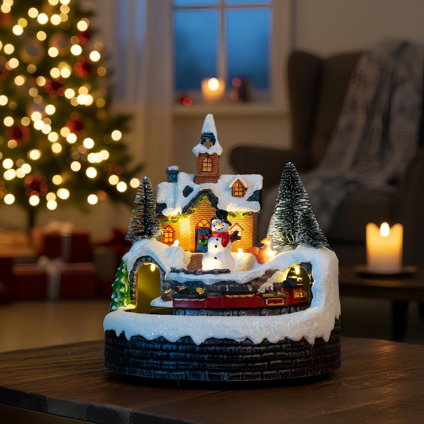 Skiennix Animated Musical Christmas Village Figurines - LED Lights & Rotating Train | Holiday Decor Gifts
