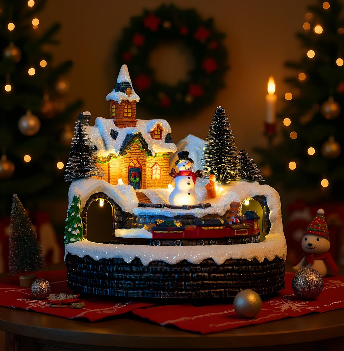 Skiennix Animated Musical Christmas Village Figurines - LED Lights & Rotating Train | Holiday Decor Gifts