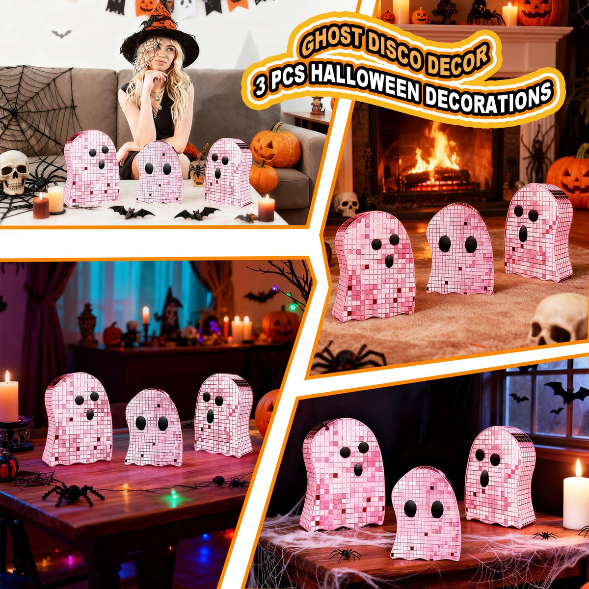 Sel Natural 3 Pcs Halloween Disco Ghost Decor,5.9" 7" 8.2" Ghost Mirror Disco Ball Indoor Glitter Spooky Ghost Sign Halloween Tiered Tray Decor Mosaic Table Centerpiece for Party Gift (Pink)