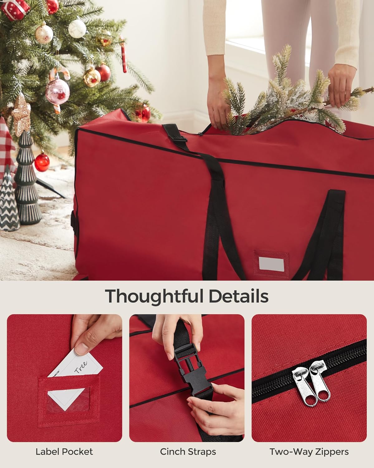 SONGMICS Christmas Tree Storage Bag - Rolling Design with Wheels, Adjustable Handles, 7.5 ft Capacity, Cherry Red