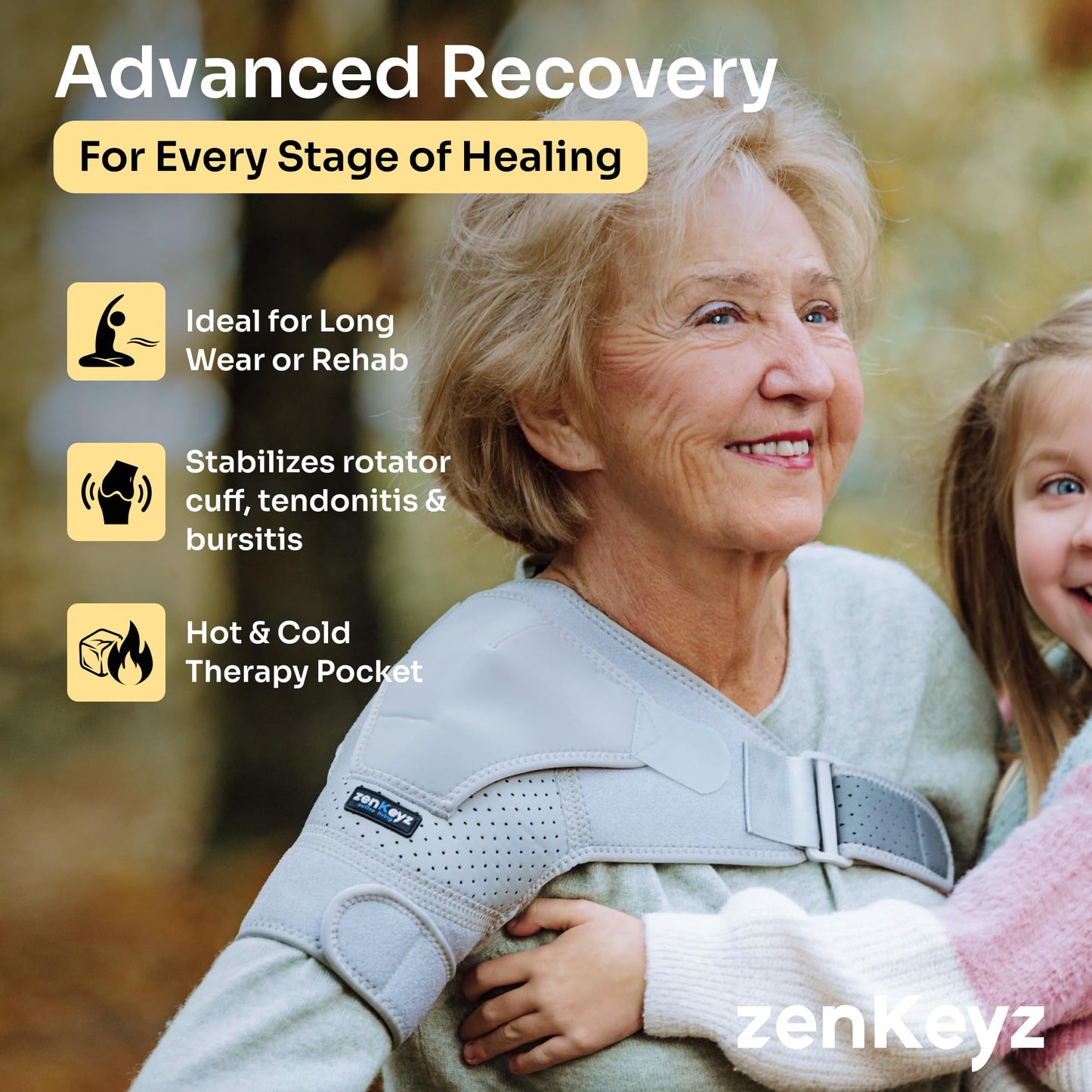 ZENKEYZ Shoulder Brace for Men & Women - Size S/M (Chest 28-38") - Gray Neoprene Compression Sleeve - Adjustable Strap for Rotator Cuff & Joint Stability - Integrated Ice/Heat Pocket - Ambidextrous Support