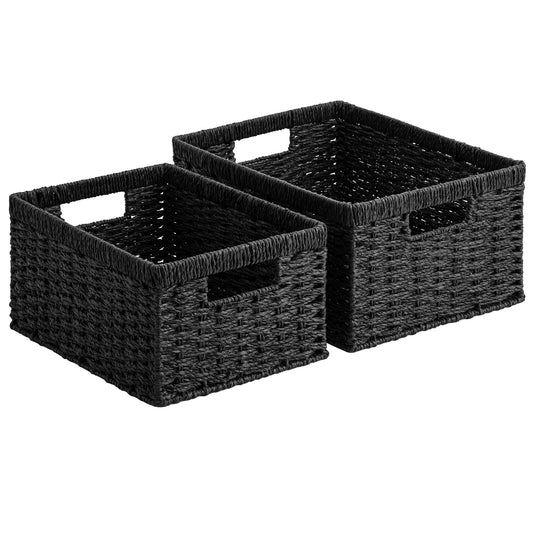 StorageWorks Wicker Storage Baskets for Organizing, Wicker Basket with Handles, Decorative Storage Baskets for Shelves, Black Paper Rope, 2 Pack