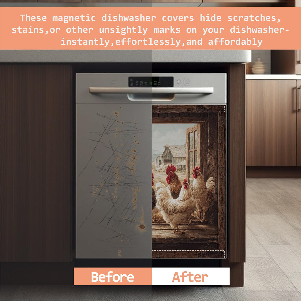 Chicken Rooster Dishwasher Magnet Cover Farmhouse Hen Reuseable Refrigerator Magnet Cover Decal Kitchen Fridge Hoilday Party Decor, 23 W x 26 H