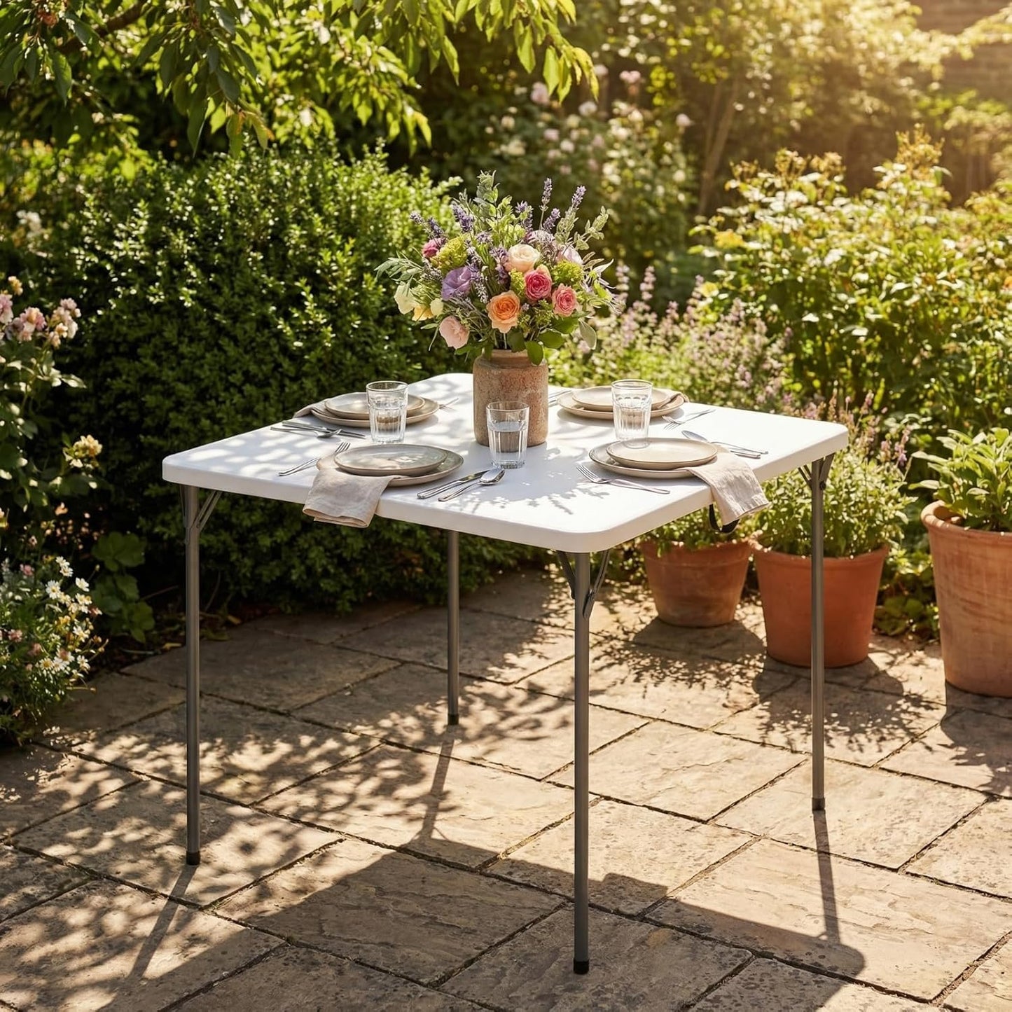 34" Square Folding Table - Heavy-Duty Steel Legs & HDPE Top | Portable 4-Person Picnic Table, White