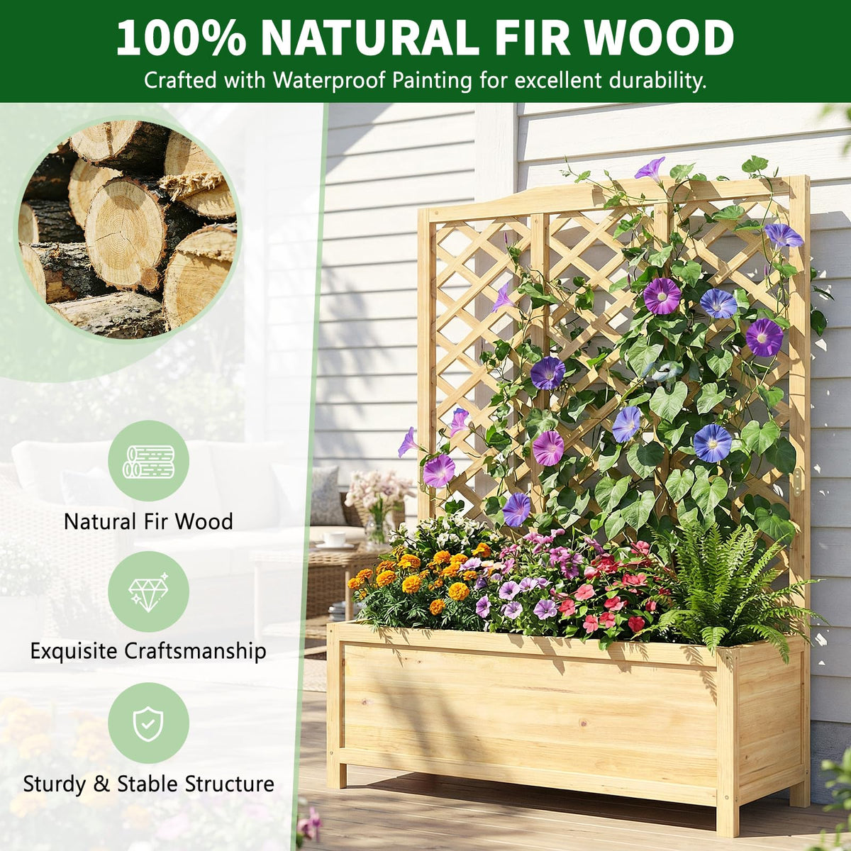 UrGROWA Wooden Raised Garden Bed with Trellis, Freestanding Planter Box with Drainage for Vines Climbing Plants Flowers Herbs, Elevated Gardening Planter for Backyard Balcony Patio