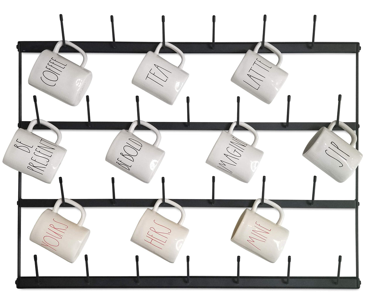 Claimed Corner Mug Rack with Sturdy Steel Frame, Matte Black Finish, Removable Rubber Caps, Wall Mounted (Horizontal 34" x 23.5")