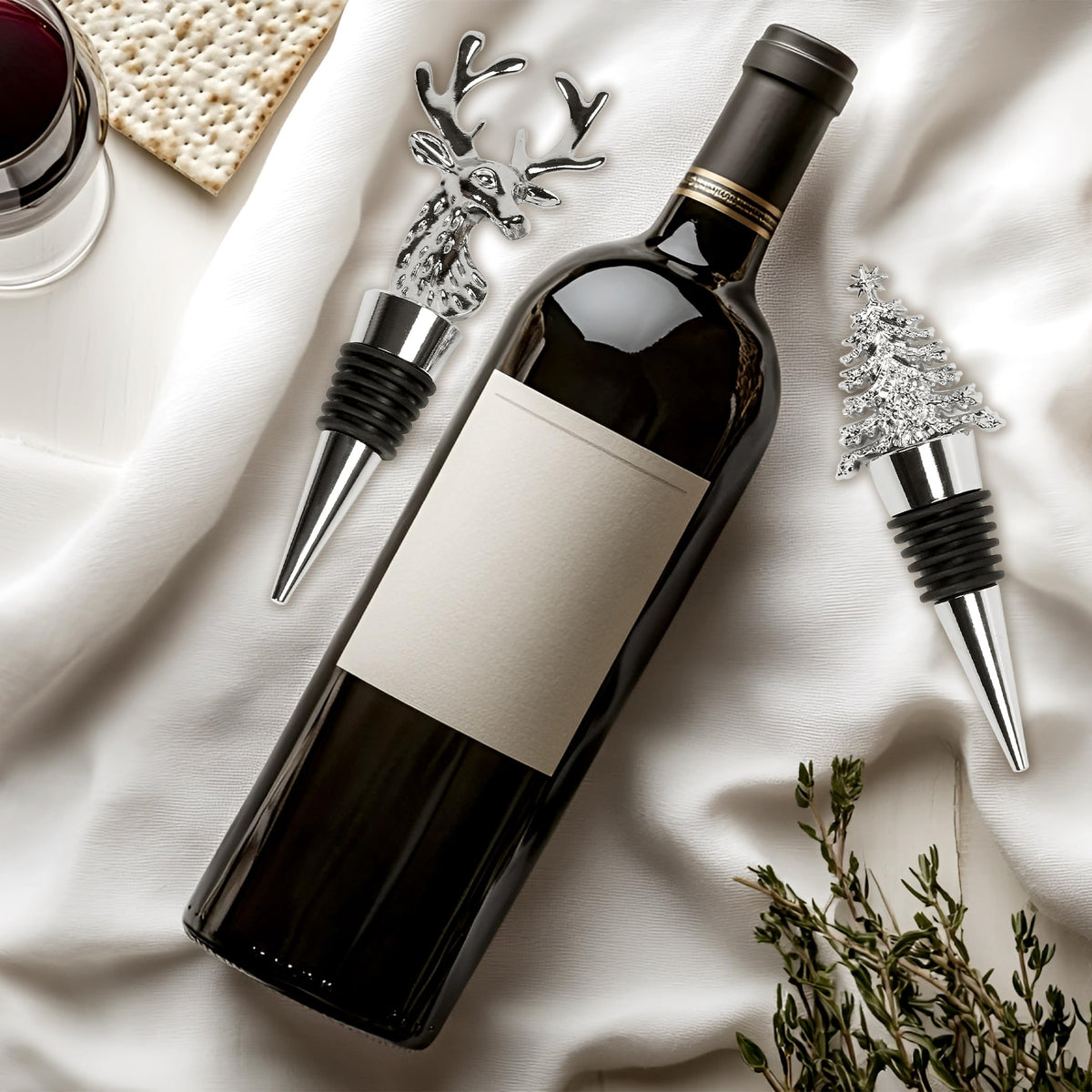 2Pack Christmas Wine Stopper, Elk & Christmas Tree Shape Decorative Wine Bottle Stopper, Food-Grade Silicone & Zinc Alloy Airtight Wine Cork for Wine Champagne, Xmas Party Home Bar Holiday Gift Silver