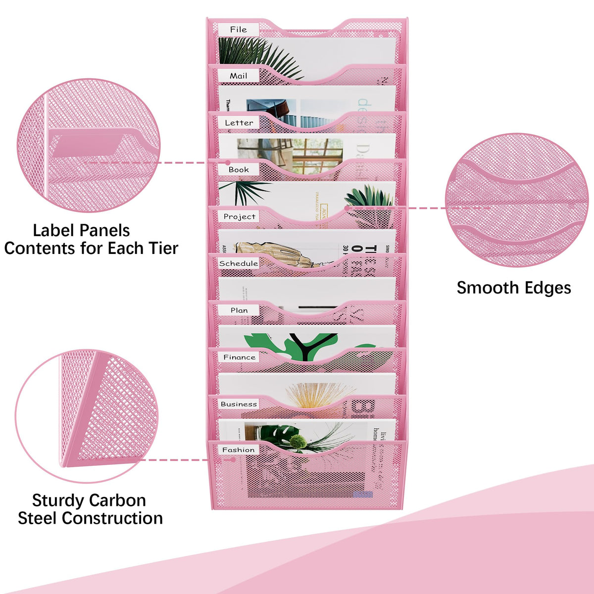 EasyPAG 10 Pocket Mesh Wall File Organizer, Hanging Paper Folder Holder with Classify Label, Vertical Wall Mount Mail Organizer for Office Home Classroom, Pink