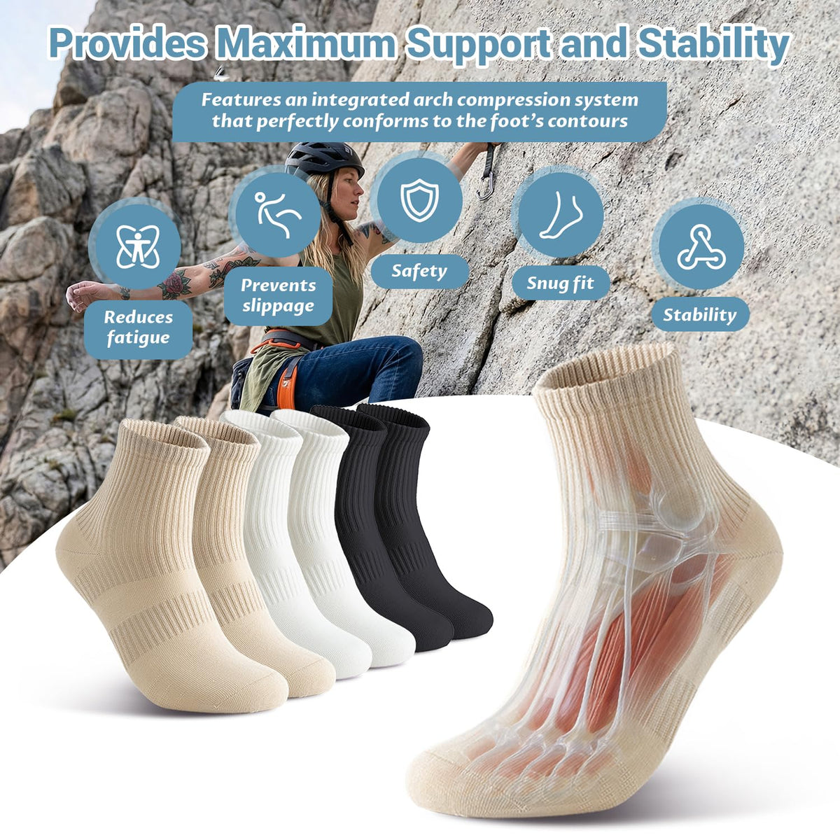 Arch Compression Athletic Socks - 6 Pairs for Women, Moisture Wicking with 95% Cotton, Seamless Toe for Secure Fit
