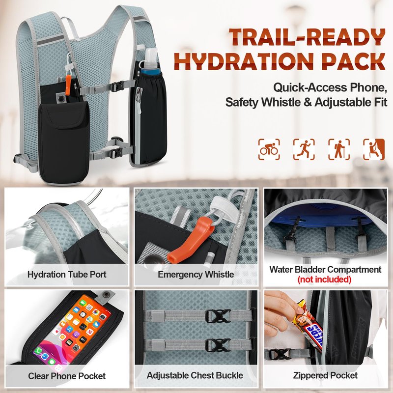 RAINSMORE Running Hydration Vest with 500ml Soft Flask, Waterproof Phone Pocket, Lightweight Hydration Pack, Adjustable No-Bounce Straps for Trail Running, Marathon, Cycling Black