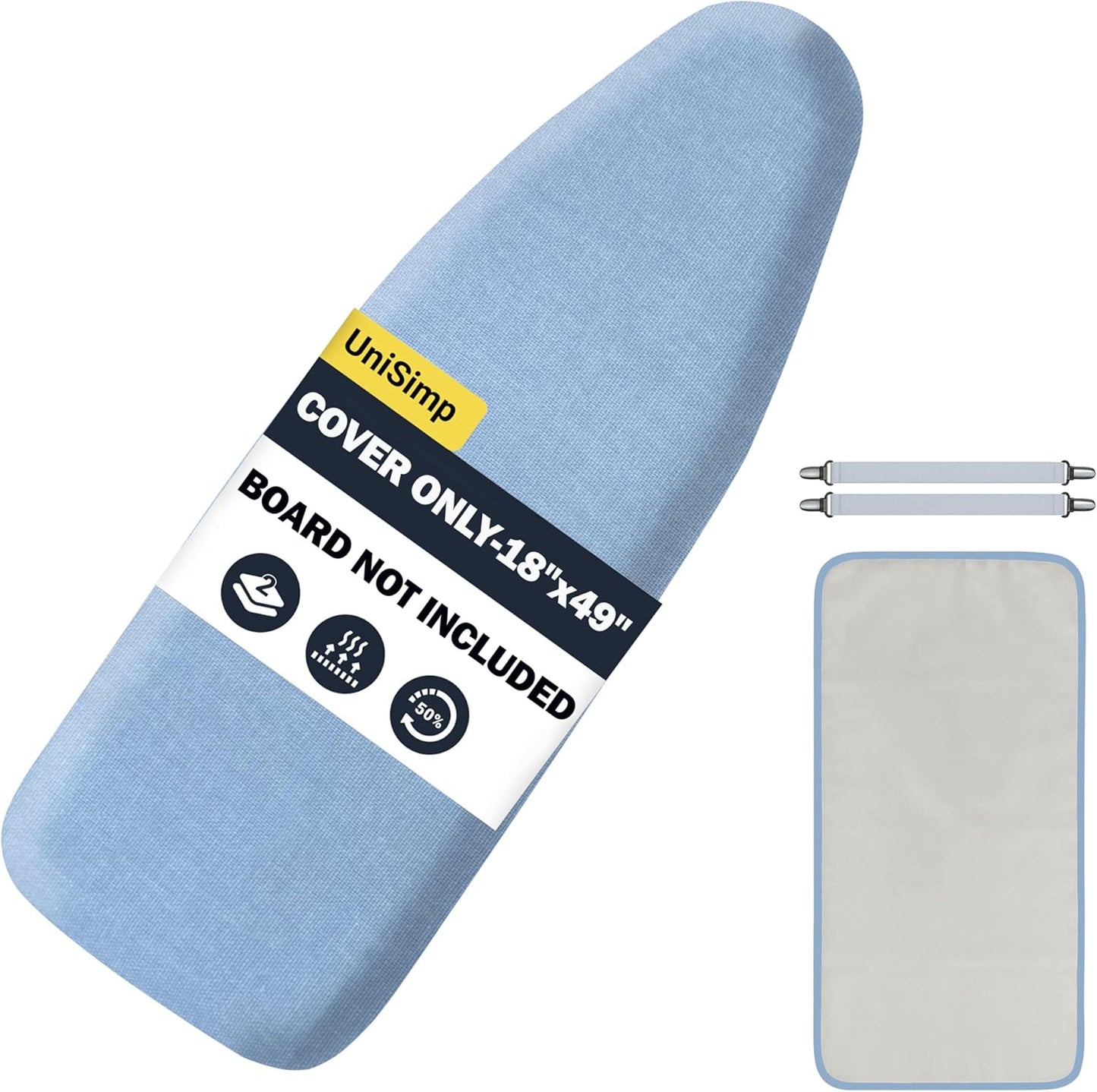 UniSimp Ironing Board Cover - Extra Thick Natural Cotton, Scorch & Stain Resistant | 18"x49", Blue