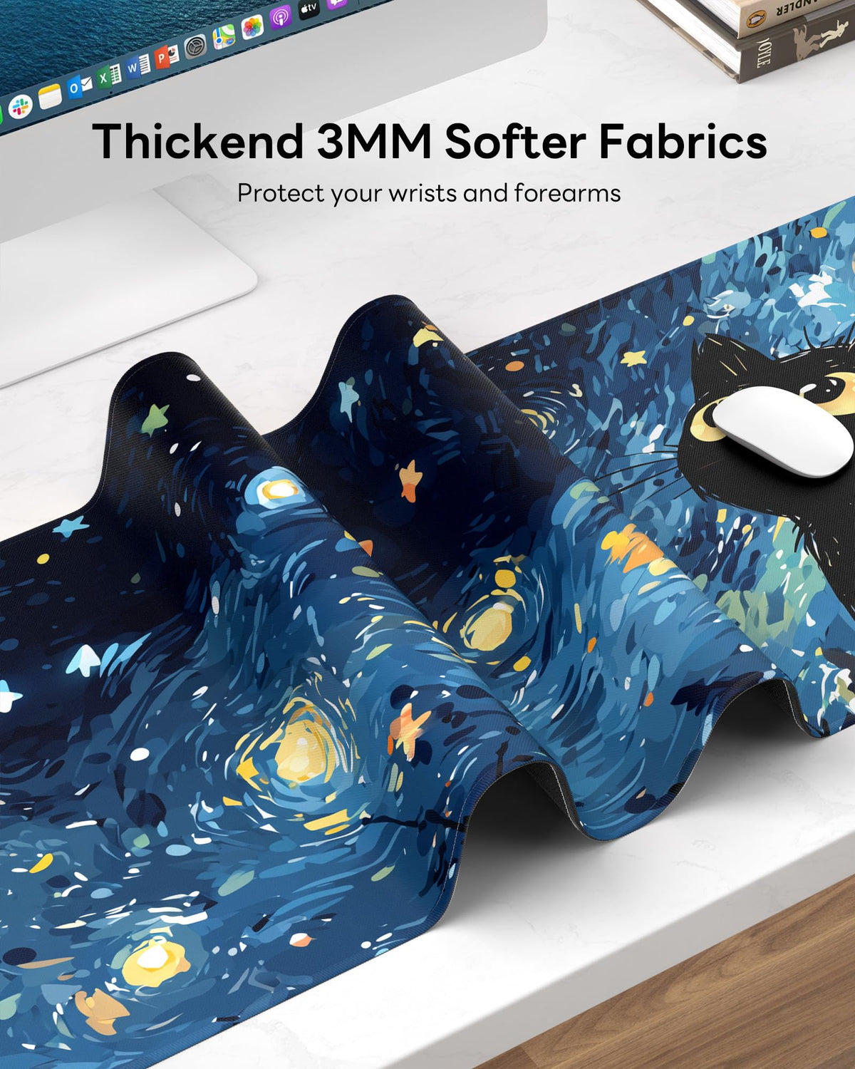 Velluxion Starry Night Cat Mouse Pad, 31.5 x 11.8 Large Desk Mat with Stitched Edges & Non-Slip Base, Mousepad for Office, Home, Work