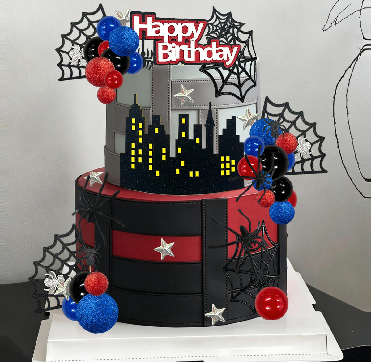 Tyotrbs Spider Cake Topper Spider Web Cake Decoration Spiders Theme Cake Decor Happy Birthday Toppers Stars Red Blue Balls Cupcake Topper for Hero Party Supplies