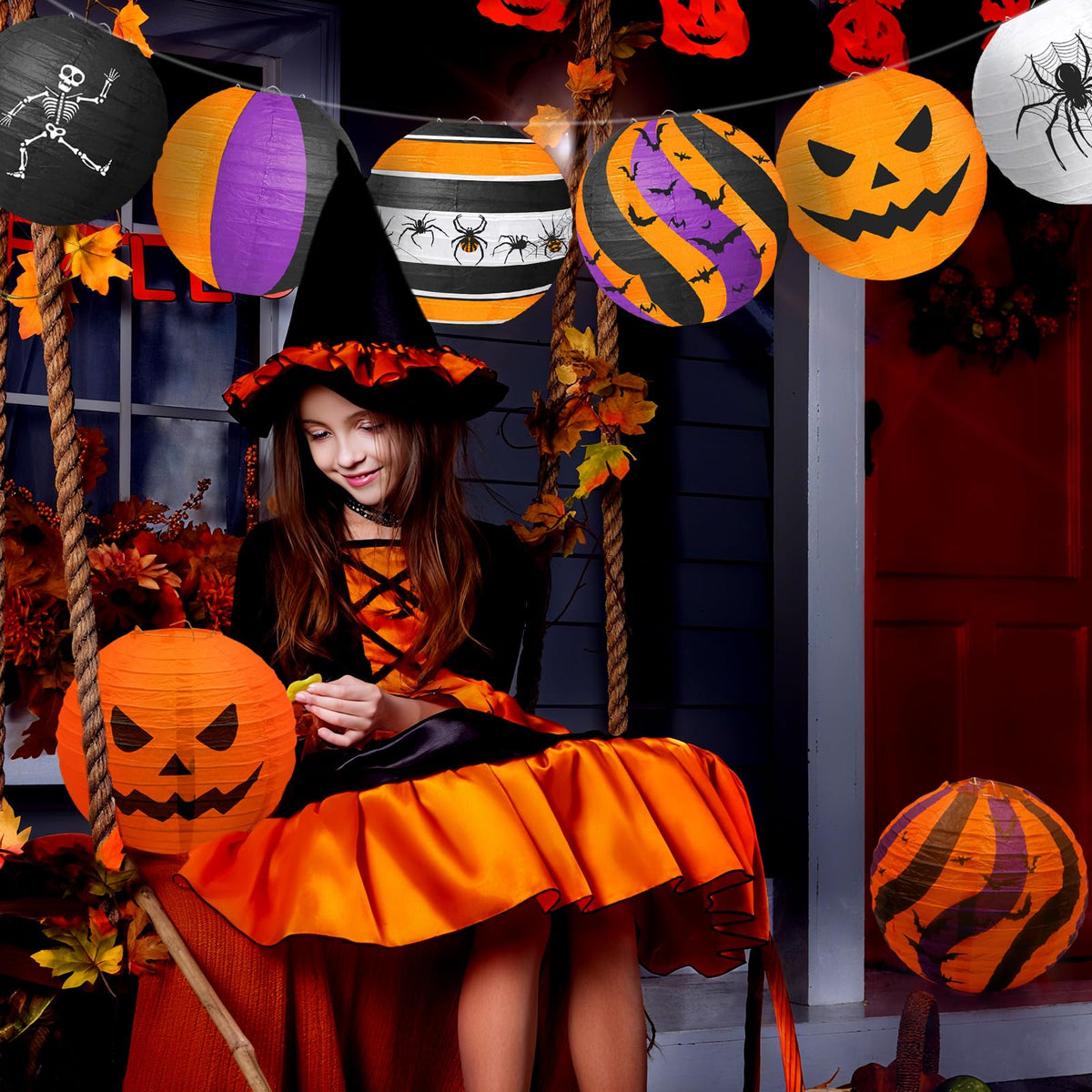 ADLKGG Halloween Party Decorations, Black Orange Purple Hanging Spider Bat Pumpkin Skeleton Paper Lantern for Halloween Birthday Decorations, Trick-or-Treating Events, Wedding,Garden Home Decor, 12pcs