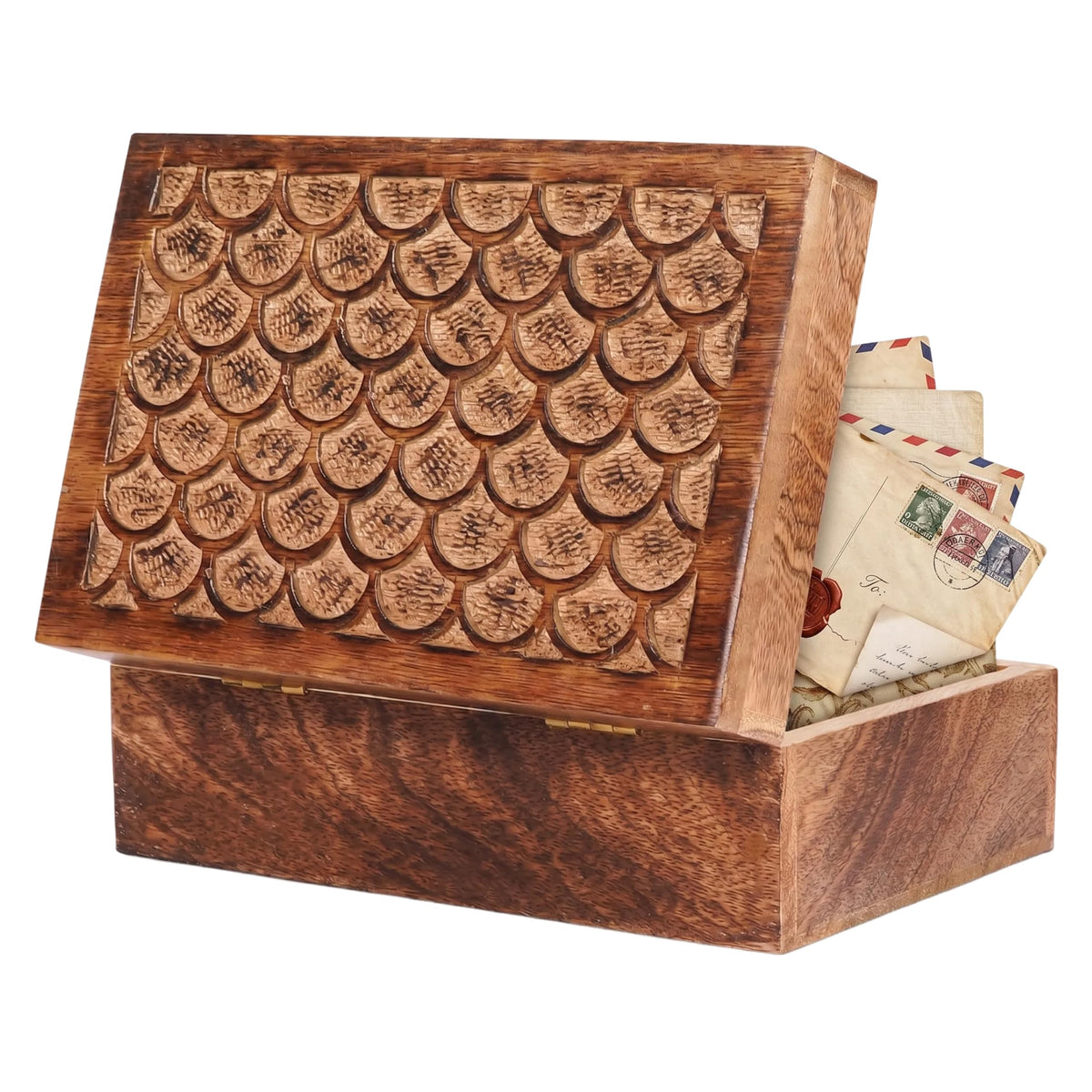 Mela Artisans 10.5” x 7.5” x 4” Mango Wood Box with Lid – Carved Scallop Medium Burnt – Handcrafted Wooden Keepsake Box – Extra Large Decorative Storage for Jewelry, Memory & Home Décor Accents