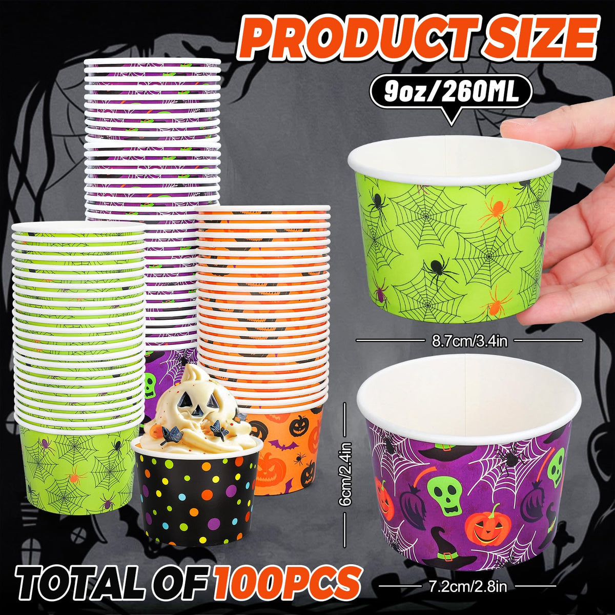 JarThenaAMCS 100 Pcs Halloween Snack Cups Pumpkin Skull Spider Web Dots Disposable Bowls 9oz Ice Cream Dessert Treat Paper Bowls for Hot Iced Food Birthday Trick or Treat Party Supplies