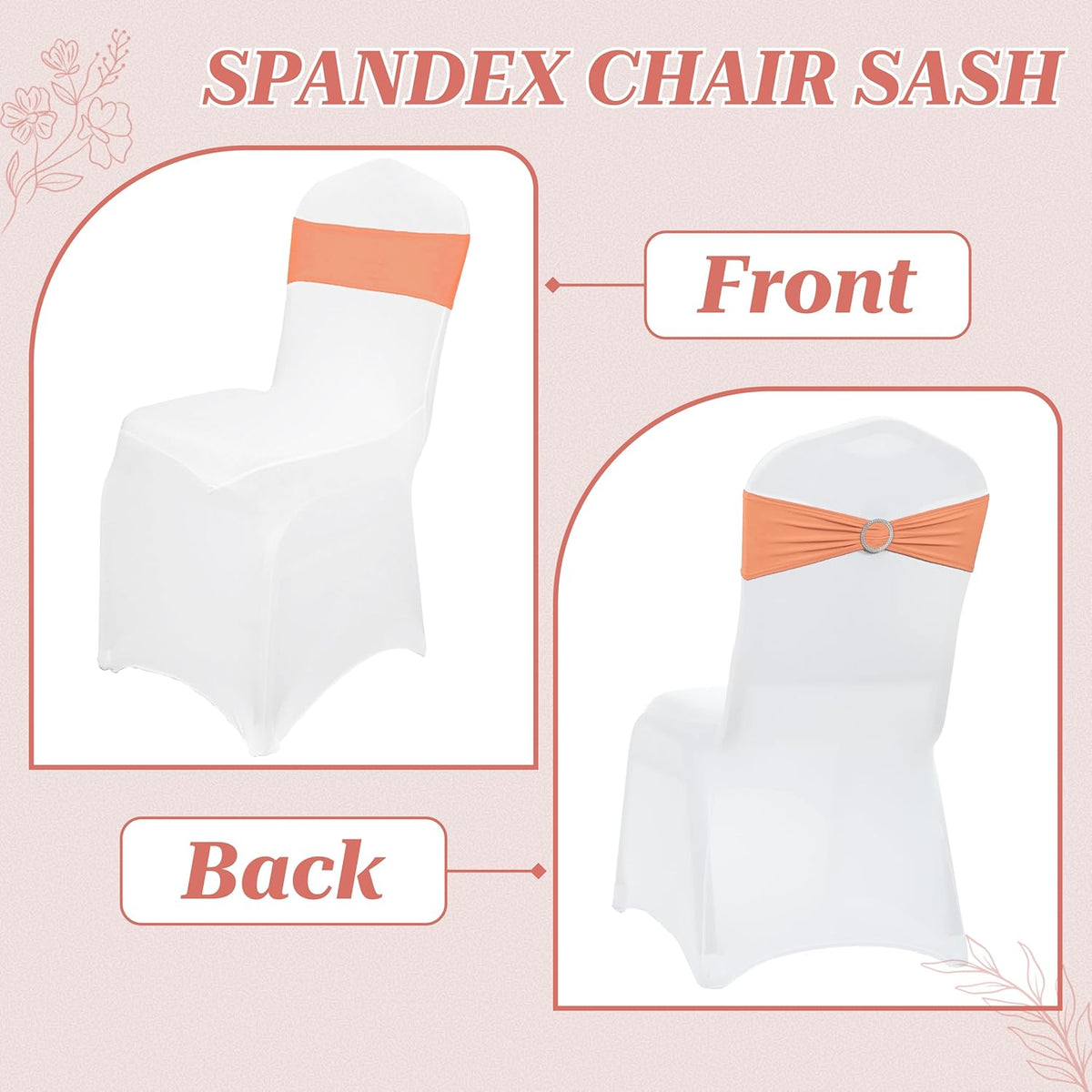 MDS Premium Spandex Chair Sashes - Stretchy Bow Covers with Buckle Slider for Weddings | 25 Pack - Peach
