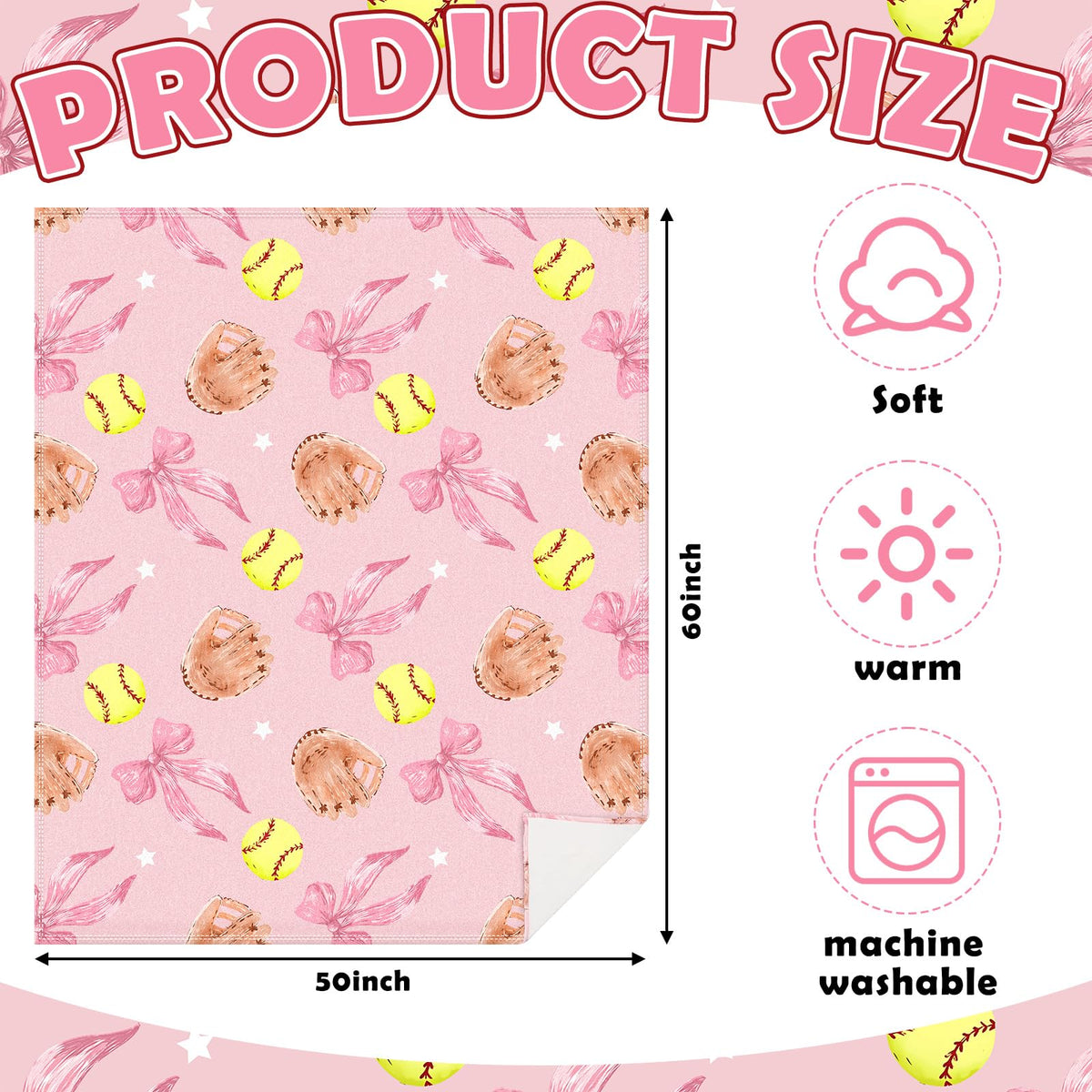Hillsuren Pink Softball Coquette Bow Blanket 50 x 60 Softball Sports Throw Blanket Bow Stuff Team Gifts for Ball Lovers Players Home Decor Halloween Christmas Thanksgiving Gift