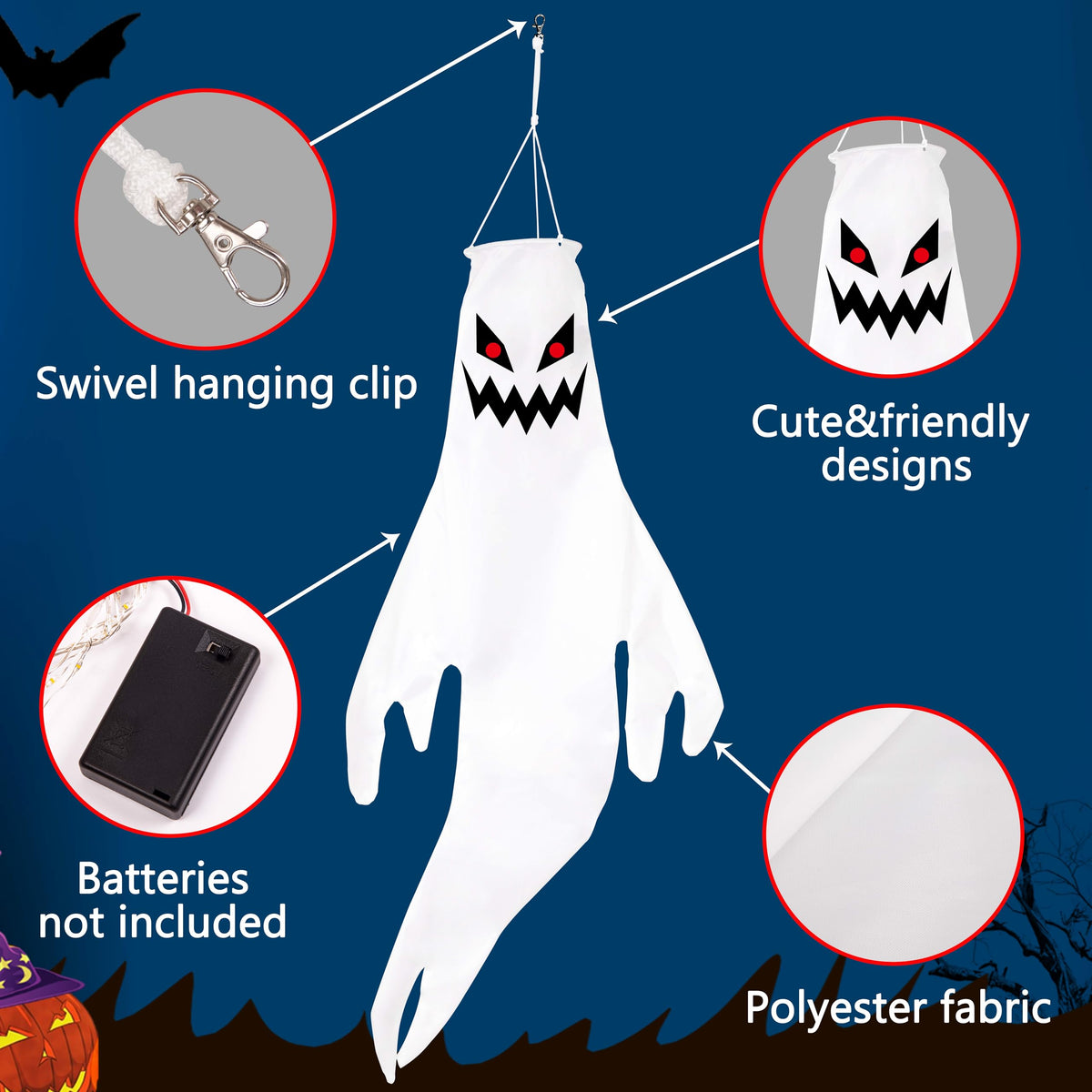 Geefuun 2PCS Halloween Fierce Ghost Windsocks Hanging Decorations - 43 Inch Flag Wind Socks for Home Yard Outdoor Decor Party Supplies