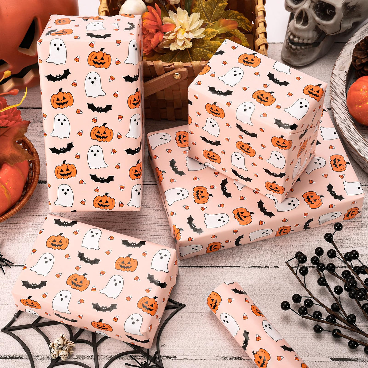 Whaline Halloween Wrapping Paper - Mini Roll - 17 In x 32.8 Ft Cute Pumpkin Ghost Bats Gift Wrap Paper Boho Orange DIY Art Crafts Packing Supplies for Halloween Birthday Baby Shower Holiday Party