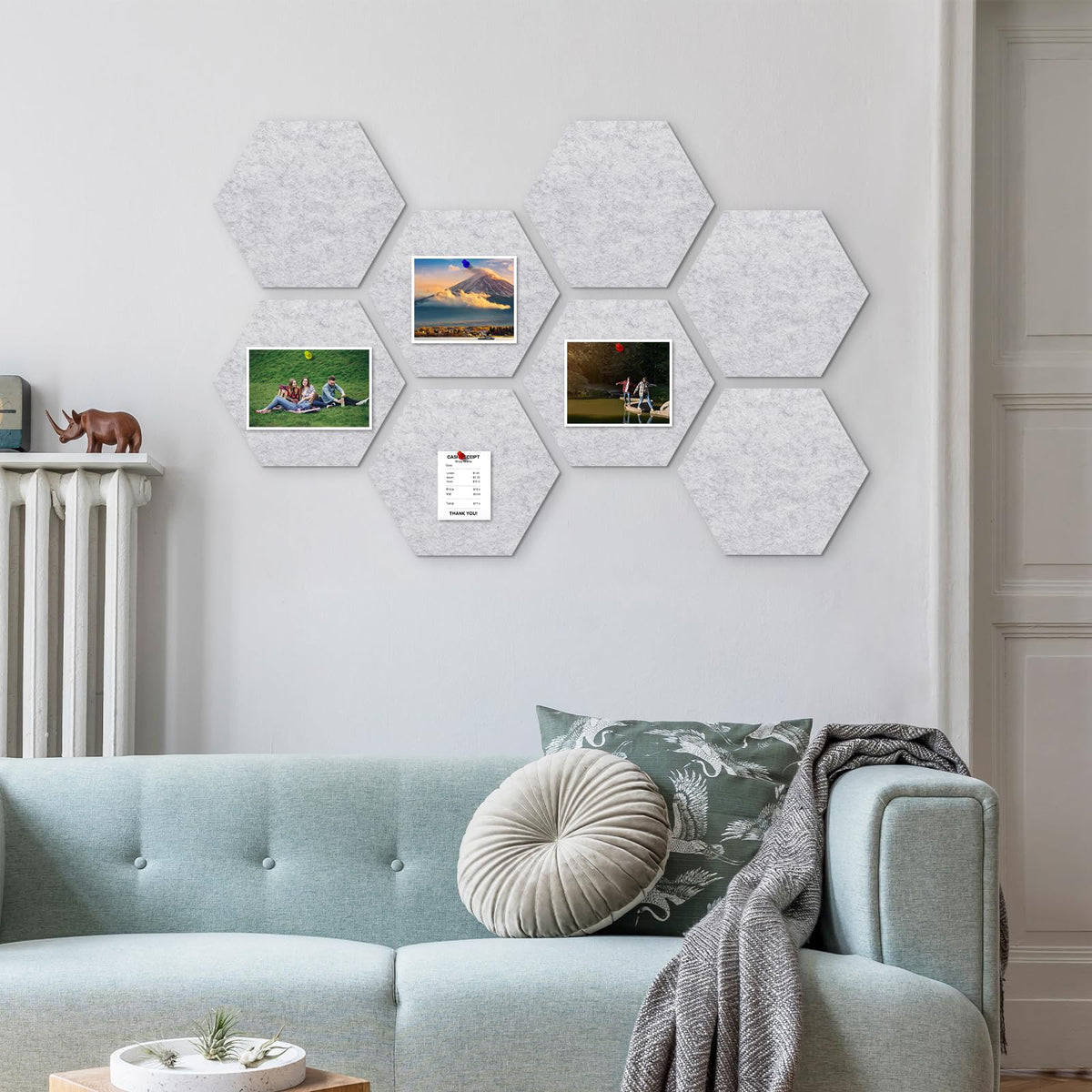 ANLIOTE 8-Pack Hexagon Felt Cork Board, 1/2" Thick Felt Bulletin Pinboard with 80 Push Pins, Adhesive Tabs, Geometric Cork Wall Tiles for Photos, Memos, Home & Office Decor (Light Grey)