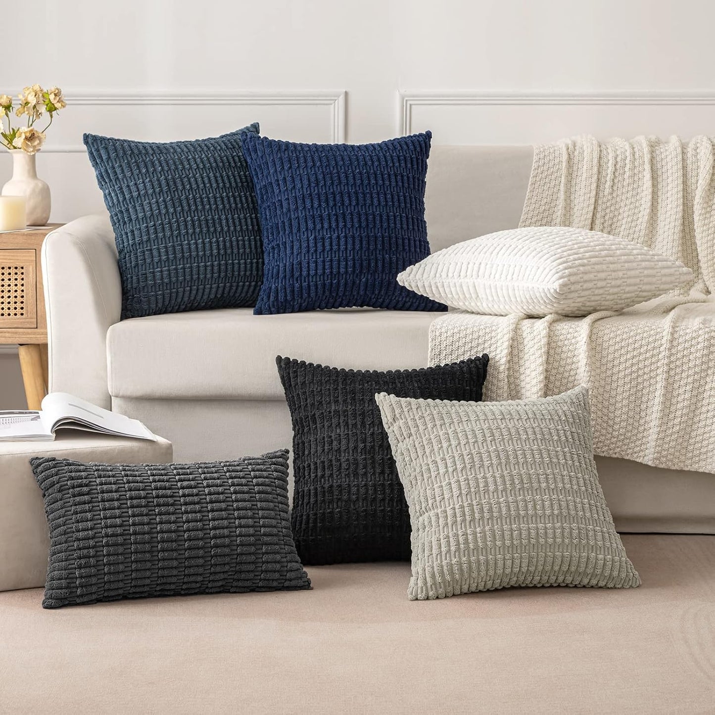 MIULEE Corduroy Lumbar Throw Pillow Covers - Soft Boho Striped Design | 20x12 Inch Dark Grey for Modern Home Decor