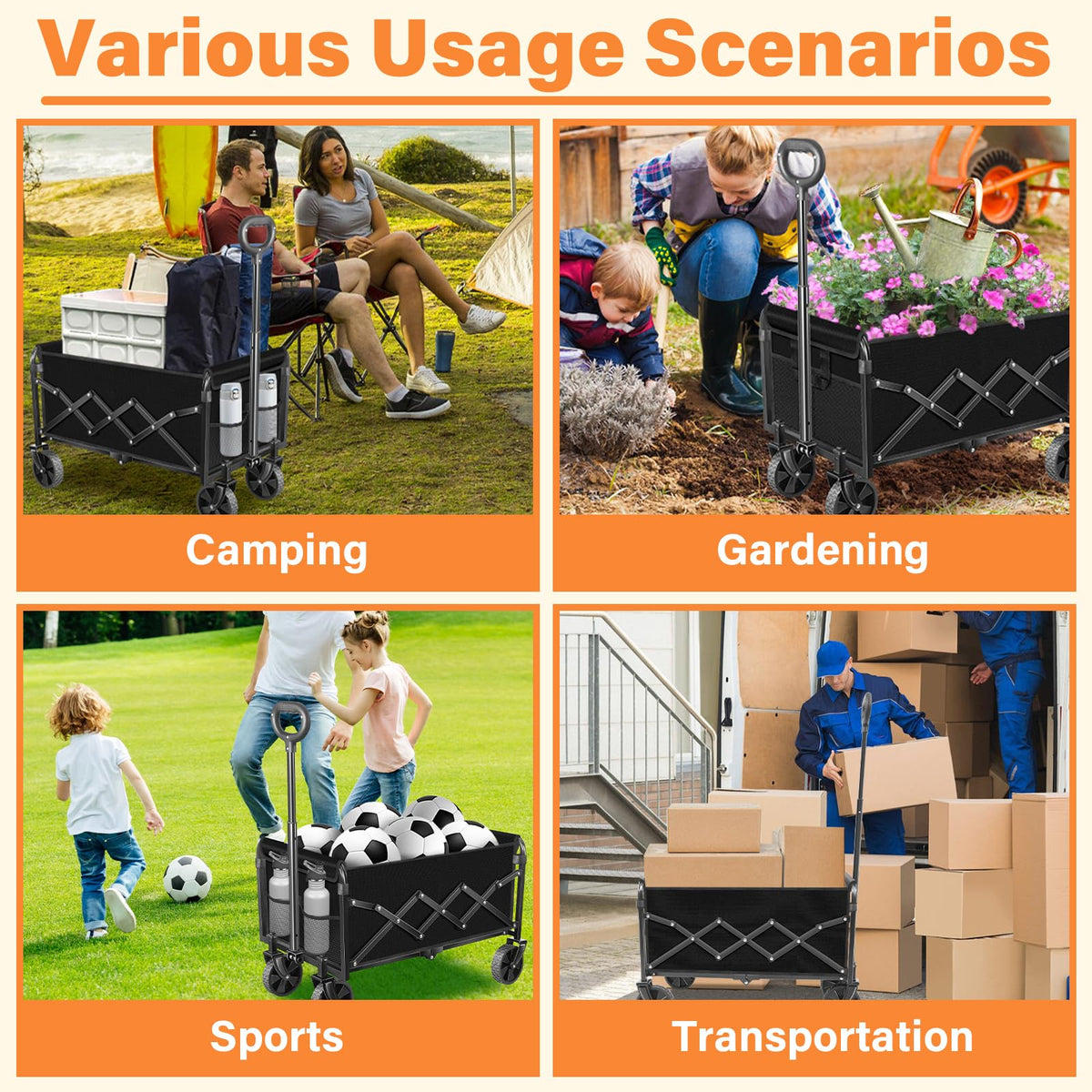 Wagons Carts Foldable,360lbs Collapsible Wagon with Wheels, Lightweight Foldable Wagon Cart with Drink Holders for Camping,Travel,Picnic,Shopping,Sports,Storage,Fashion Black