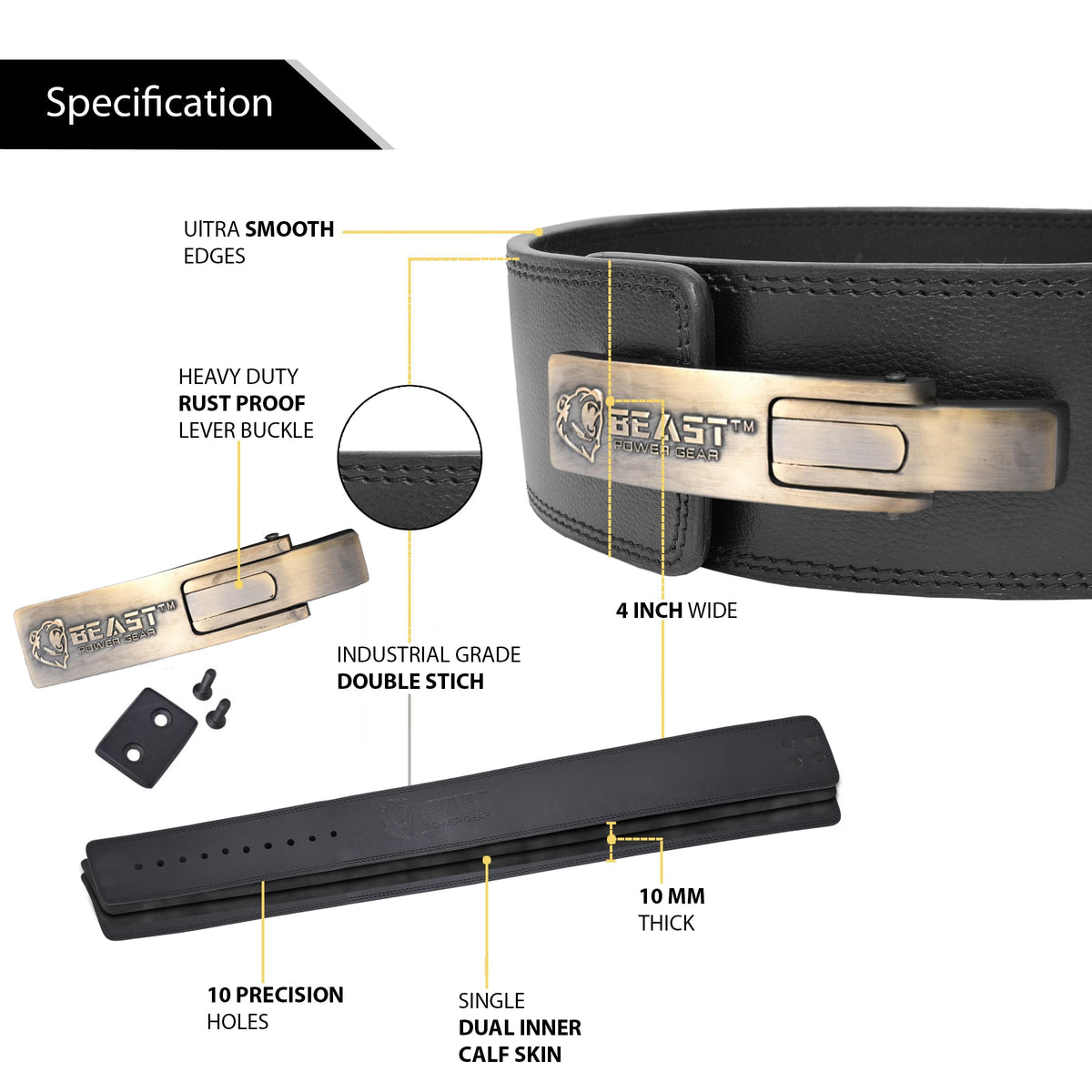 Beast Power Gear Lever belt Weight Lifting 10MM 13MM Leather Lever Belt Powerlifting- Free Strap Lower Back Support for Weightlifting, Deadlifts, Squats, Power Belt- Men & Women (Black/Black, Medium)