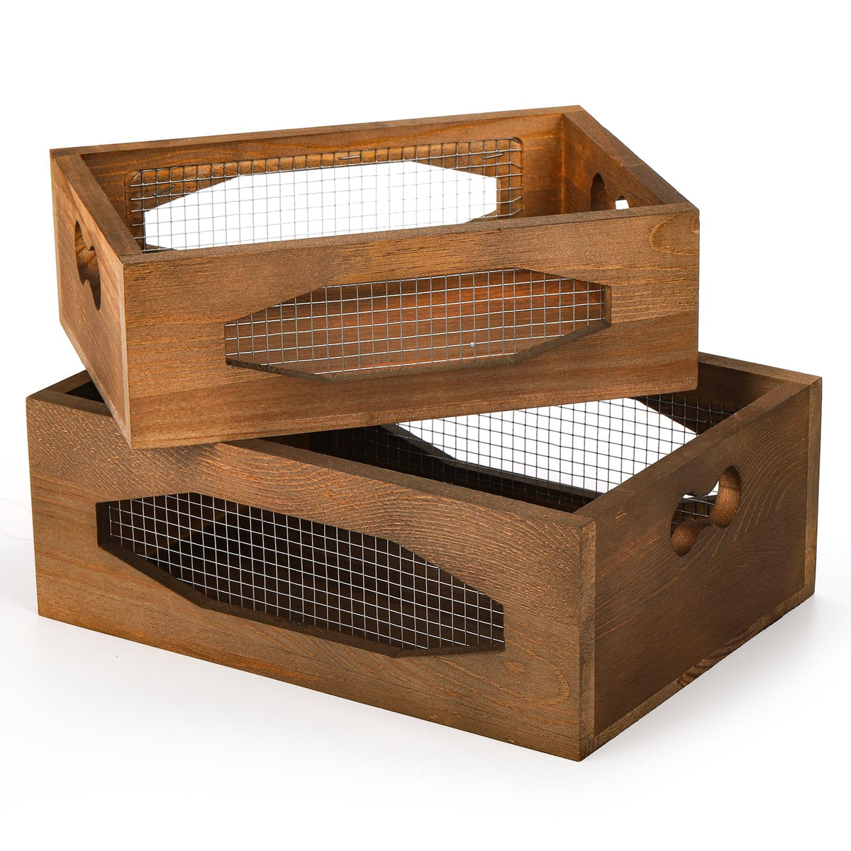 Okllen Set of 2 Wooden Nesting Countertop Baskets, Decorative Wood Storage Box Farmhouse Rustic Crate with Cutout Handles for Bread, Fruit, Vegetables, Kitchen, Bathroom, Pantry Supplies, Brown