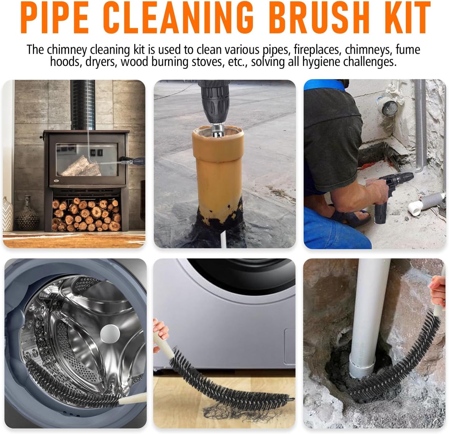 Skiennix Chimney Sweep Kit - 30 Feet Rotary Cleaning System with 8-Inch Brush Head & 23 Flexible Rods