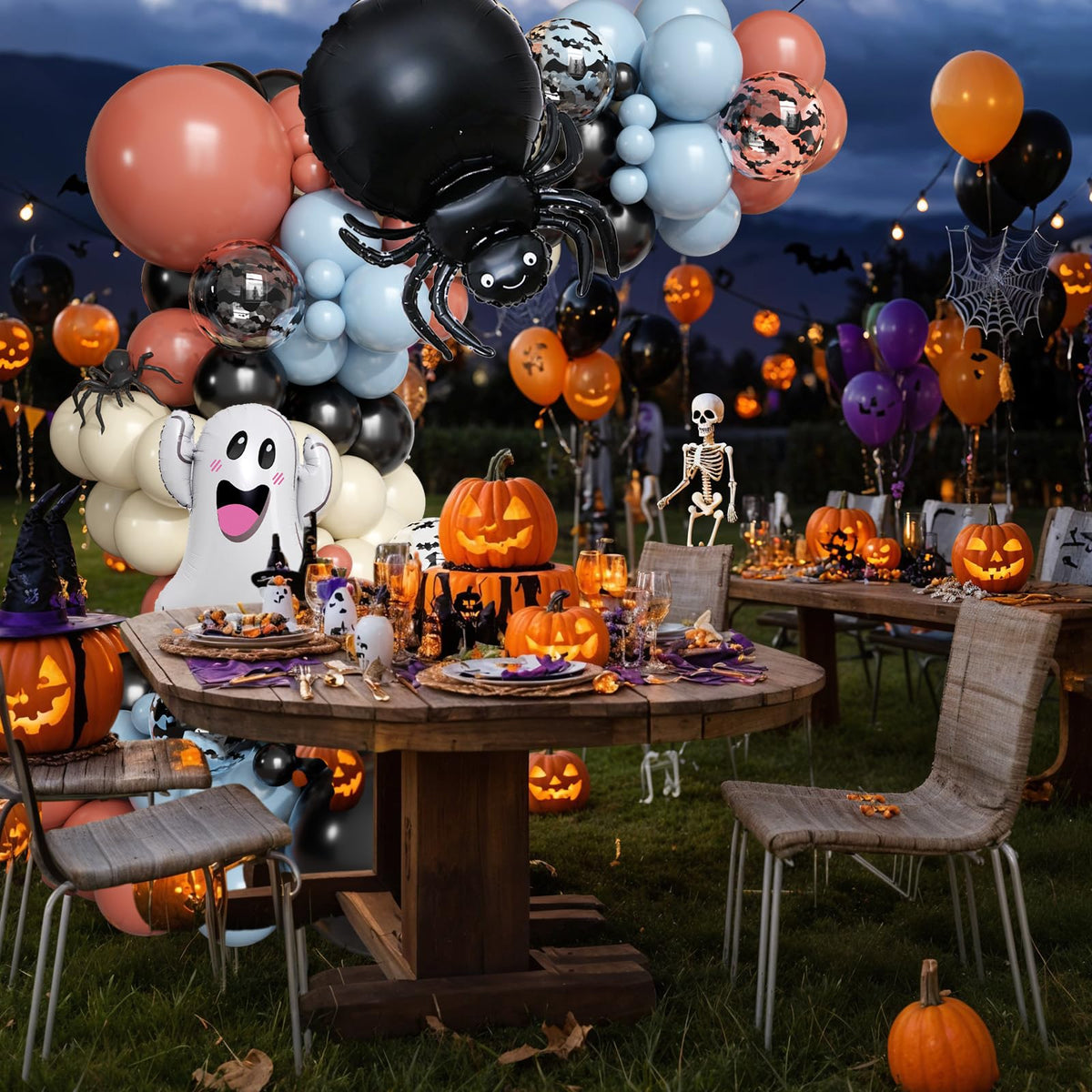 Halloween Balloons Arch Kit, 2025 Halloween Balloon Black Burnt Orange Dusty Blue Latex Balloons Garland with Ghost, Spider, Bat Printed Foil Balloon for Ghost Party Decorations